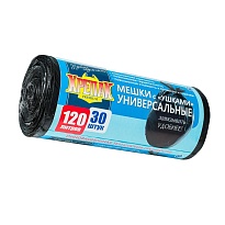 Мешки для мусора 120 л, с ушками, черные, в рулоне 30 шт., ПНД, 15 мкм, 1100х700 мм, Крепак, 4607075710375 в Салавате
